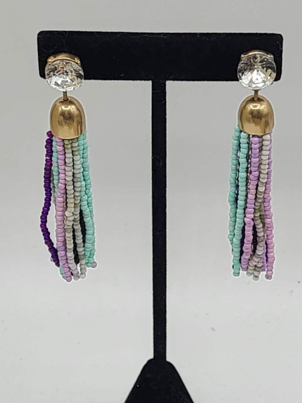 J Crew Clear Crystal Pink Purple Blue Beaded Tassel Earrings